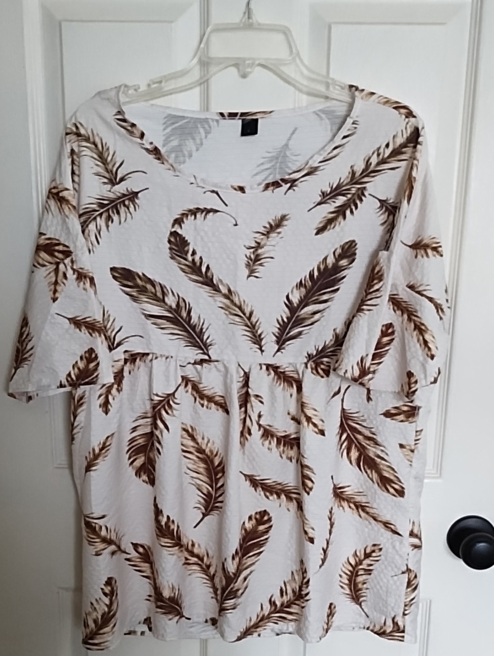 Amazon Cream Tunic Top with Brown Feather Print